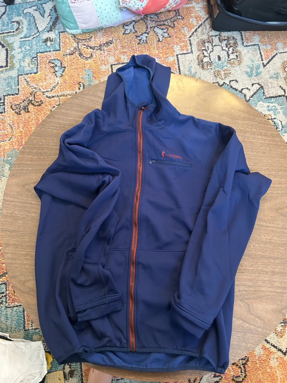 cotopaxi Navy Blue Hooded Lightweight Jacket with Orange Zipper